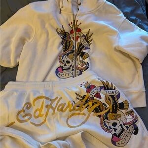 Ed Hardy White and Gold Graphic Hoodie and Shorts
